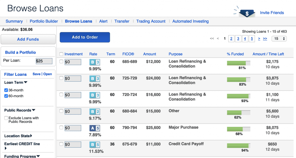 Lending Club Browse Loans Page