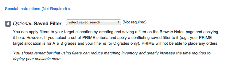 Lending Club PRIME saved filters