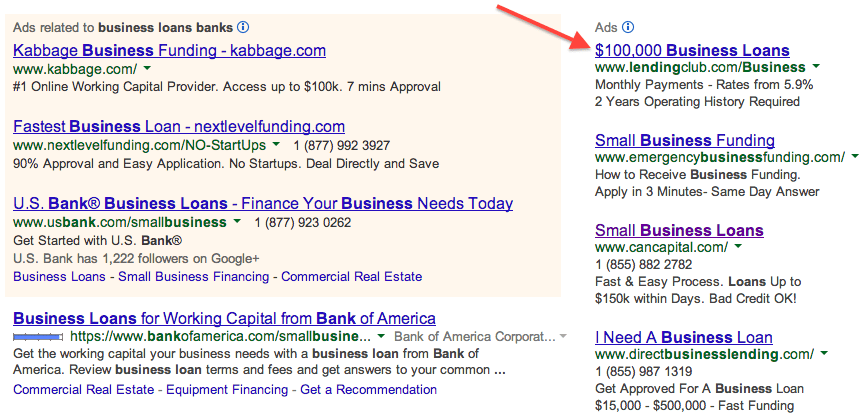 Lending Club Google Ad for Small Business Loans