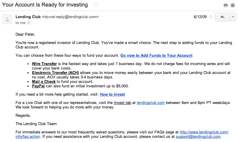 Lending Club Welcome Email June 2009