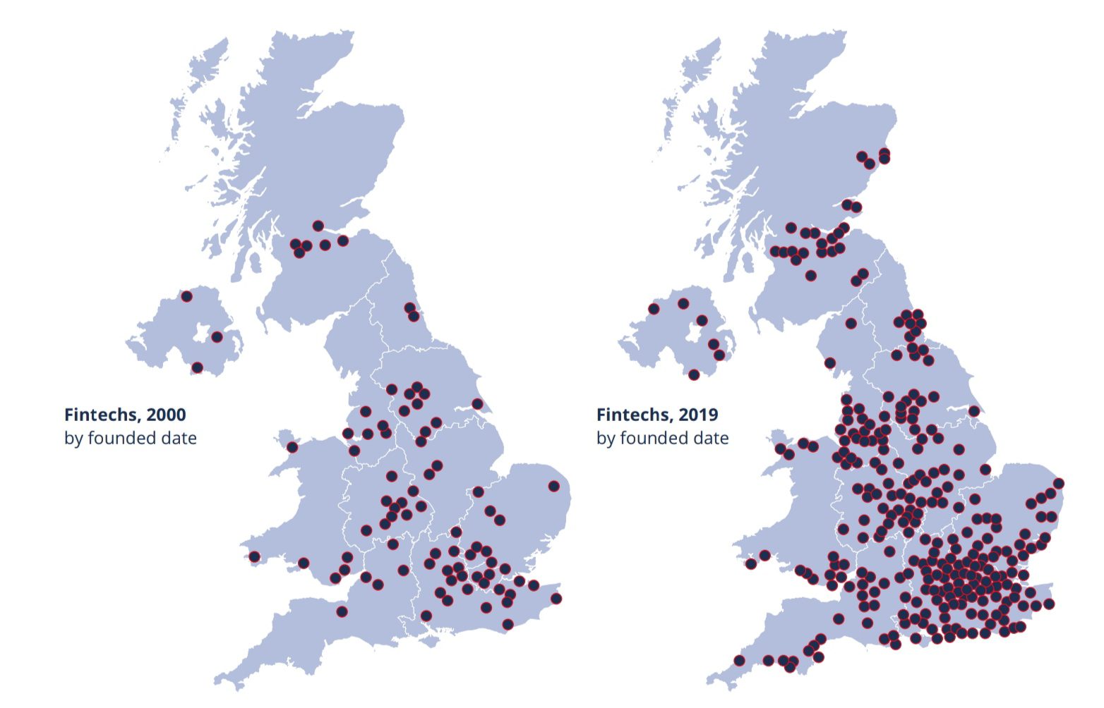 Map showing concentration of fintechs in UK