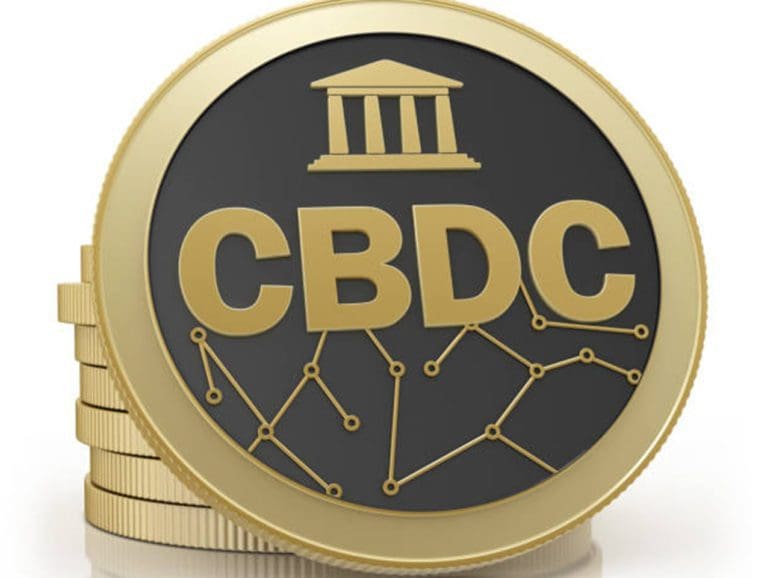 3d render. Coin CBDC isolated on white background . Gold coin with CBDC Symbol, network and bank building.
