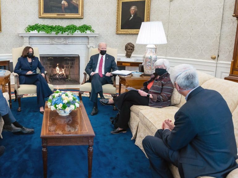 President Joe Biden and Vice President Kamala Harris receive an economic briefing from Secretary Yellen in the Oval Office, January 29, 2021. | Wikipedia