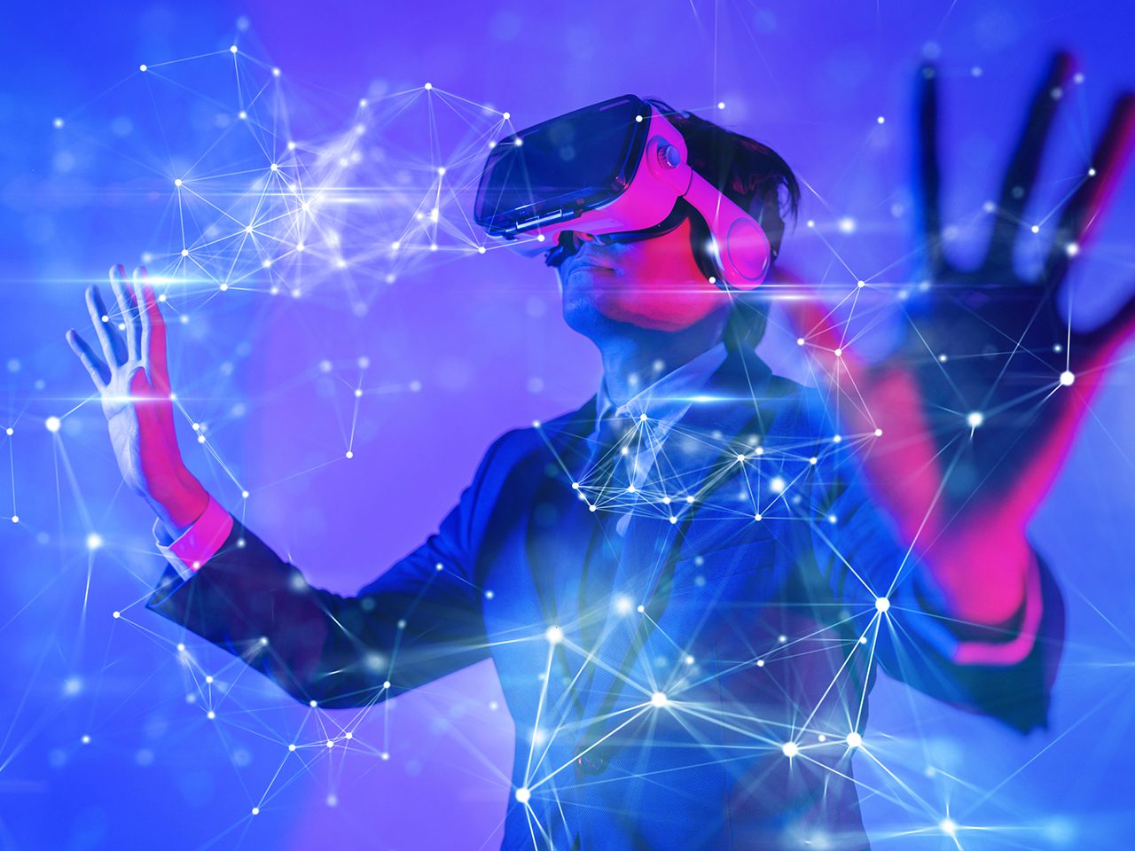 Metaverse digital cyberworld technology, man with VR virtual reality glasses playing AR augmented reality games and entertainment, futuristic lifestyle
